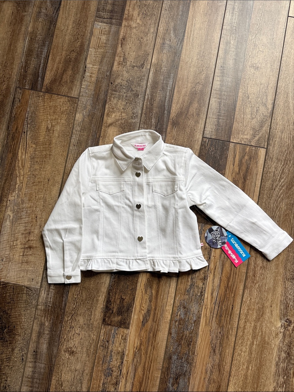 Ruffle Butts White Denim Jacket with Heart Buttons